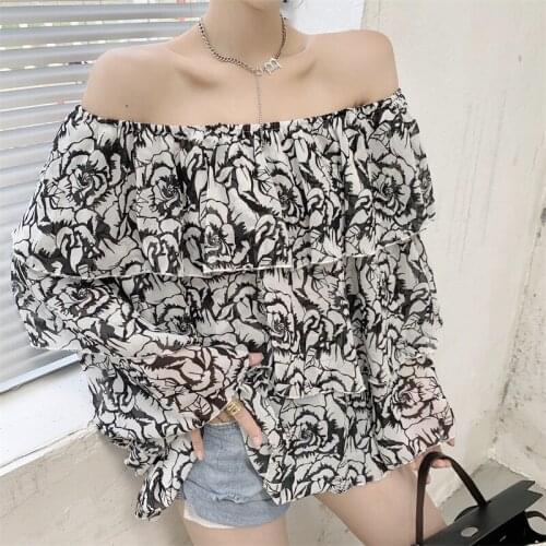 Slash Neck Women Shirts Pullover Loose Ruffle two wear Summer 2021 New Thin chiffon Print Flowers Blouse Ladies top 329E