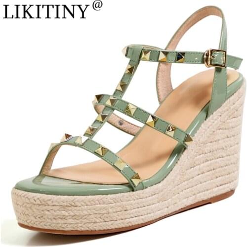 LIKITINY 2021 Summer wedges Sandals Womens shoes Concise Comfortable Bohemia Buckle strap Rivets shoes Green Ladies shoes