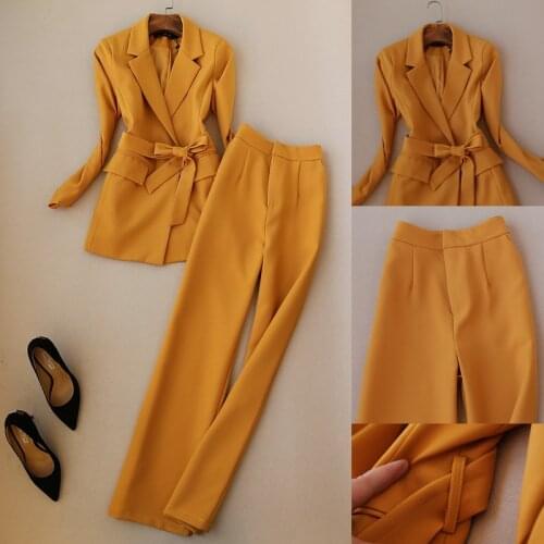 2 piece set women spring and autumn new fashion yellow suit female temperament belt suit high waist straight trousers two sets