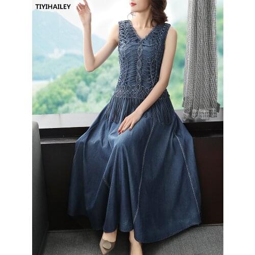 TIYIHAILEY 2021 New Free Shipping Vintage Women Long Maxi Summer Denim Cotton S-XL Sleeveless Tassels Pleated V-neck Dresses