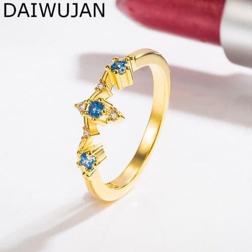 DAIWUJAN 14K Gold Color Aquamarine Zircon Rings For Women 925 Sterling Silve Blue Crystal Crown Ring Wedding Engagement Jewelry