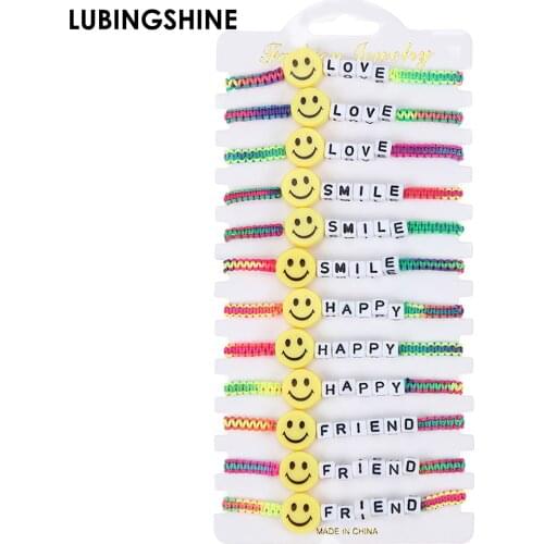 12pcs/set Acrylic Round Smiley Charms Bracelets Handmade Adjustable Rope Chain FRIEND LOVE HAPPY Letter Bracelet For Women Girl