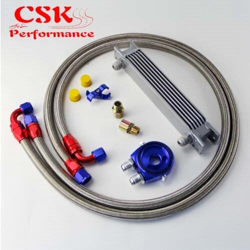 7 Row 248mm AN10 Universal Engine Transmission Oil Cooler British Type + Aluminum Filter Hose End Kit Blue