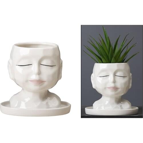 White Ceramic Face Planter Head Plant Pot Garden Outdoor Vase Room Decor