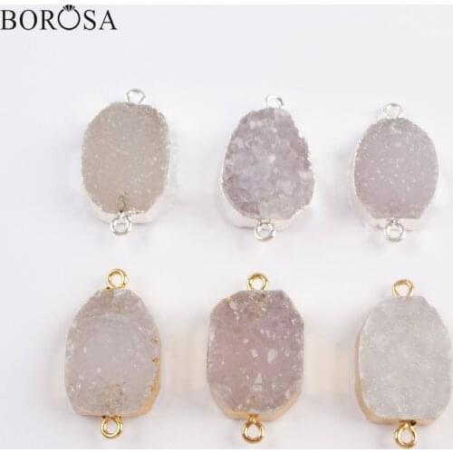 BOROSA Gold Silver Plated Natural Agates Druzy Connector Drusy Double Charms Gems Connectors G1821