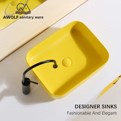 Designer Bathroom Sinks Matte Yellow Ceramic Vessel Washing Basin Bowl Above Counted With Drain Soft Hose Modern Basin AM924