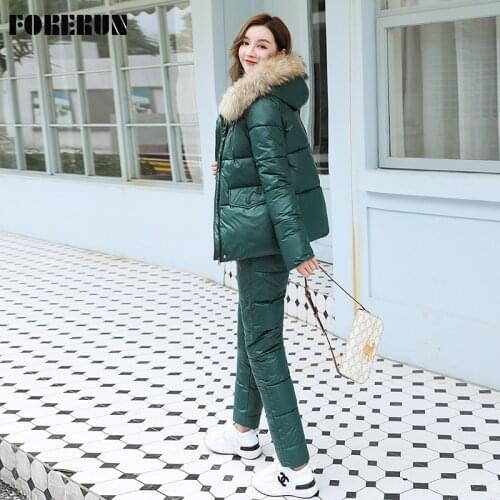 FORERUN Women Winter Parka Suits Fur Hooded Puffer Jackets and Jumpsuits Pants Two-piece Suit Cotton Padded Warm Matching Sets