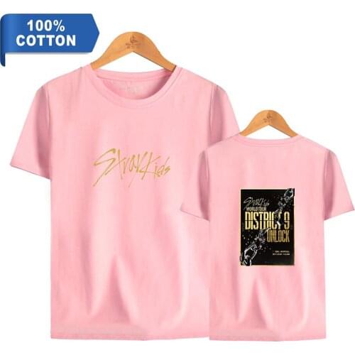 Kpop Stray Kids World Tour District 9 Unlock 2D Print 100% Cotton T Shirt Women/men Clothes Short Sleeve Female T-shirt 2020