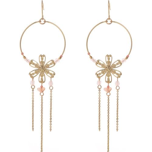 S925 silver ear hook long tassel hollow flower shape hollow circle natural stone Ear Rings 18K Gold Plated earrings women