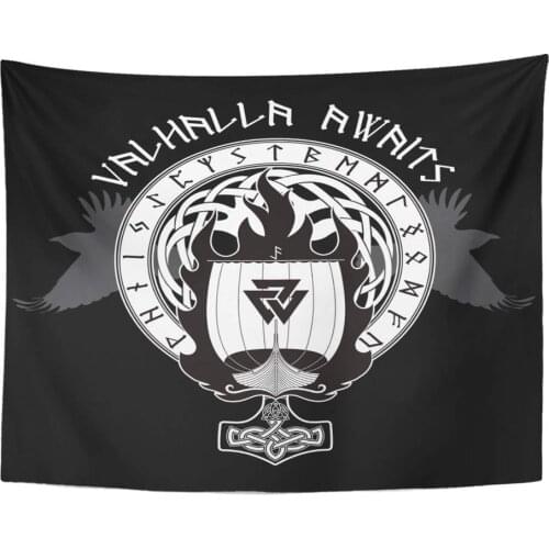 Indian Tapestry Blue Boat Warship of The Vikings Drakkar On Fire and Norse Runes Black Warrior Flag Home Decor Tapestries