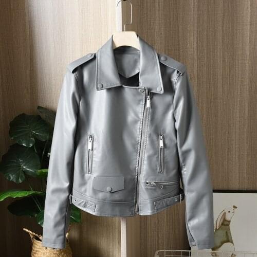High quality Leather jacket Spring 2021 Korean Slim Lapel Long Sleeve Moto Faux PU leather jacket Women Short Black Biker Jacket