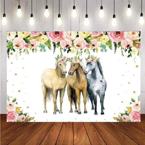 Horse Birthday Photo Backdrop Girls Celebration Party Watercolor Flowers Point Custom Photography Background Decor Banner