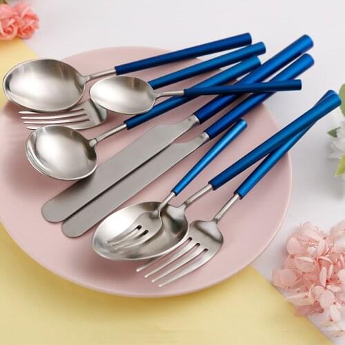 Blue Cutlery Tableware Stainless Steel Knife Fork Spoon Set Dinnerware Cake Fork Table Service Kitchen Device Sets Gift
