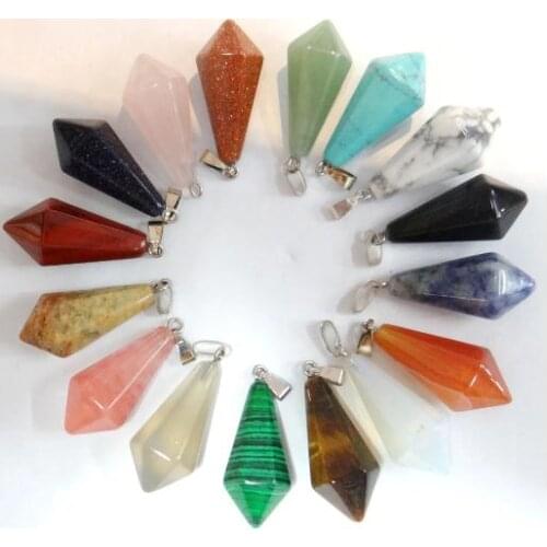 Natural stone aventurine Quartz Crystal tiger eye lapis pendulum Hexagonal pyramid pendant for diy Jewelry making necklace12pcs