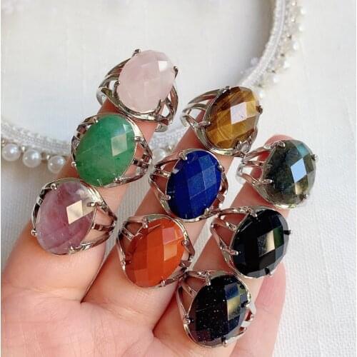 Natural Crystal Stone Rings for Women Multifaceted Oval Amethysts Lapis Aventurine Pink Purple Crystal Finger Ring Party Wedding
