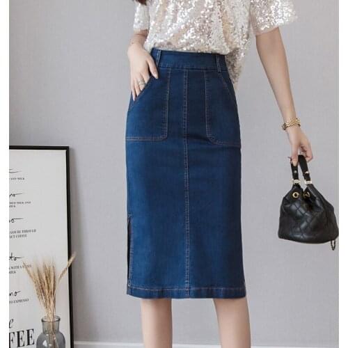 New Women Skirt Summer 2021 Fashion High Waist Slit To Thigh Package Hip Basics Casual Slim Denim Skirt Plus Size S-5XL