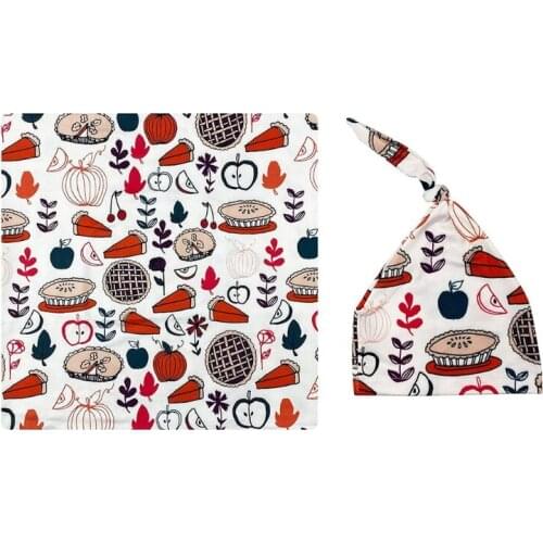 2 Pcs Newborn Printing Receiving Blanket+Beanie Hat Set Baby Infants Swaddle Wrap Knotted Bonnet Cap Kit