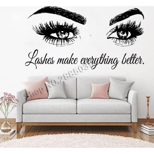 Lashes make everything better,Art Beauty Salon Quote Wall Stickers Home Decor Vinyl Murals Fashion Eyelashes Wall Decals LC720