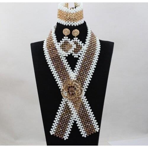 Luxury Champagne Gold and White Crystal Beaded Bib Necklace Set African Jewelry Sets for Brides Ceremony Free Shipping QW965