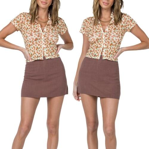 Women Summer Crop Tops, Adults See-through Button Down Floral Short Sleeve Lapel T-Shirts 2021 New Fashion