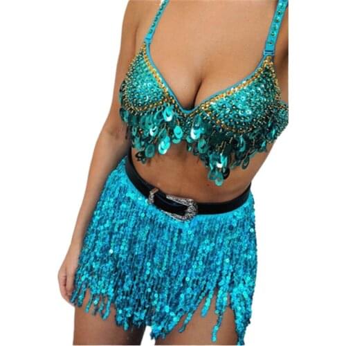 Women Sequin Belly Dancer Costume DE Tassel Wrap Skirt Fringed Triangle Tassel Latin Dress Sexy Adult Club Mini Skater Skirt