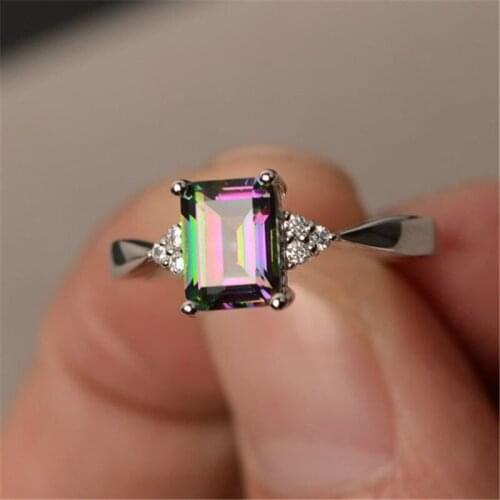 New fashion womens square crystal ring mystery rainbow wedding engagement jewelry size 6-10