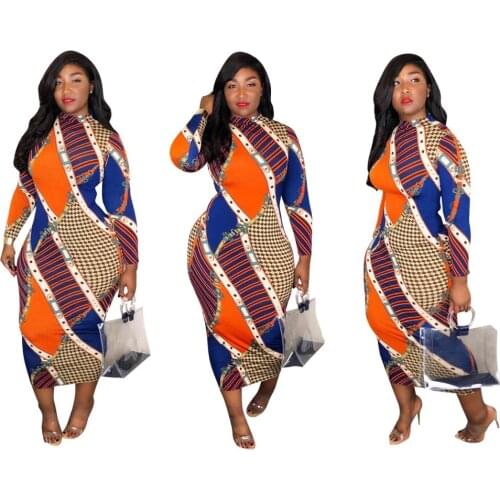 2020 Autumn Winter Elegant Women Party Dress Real Image Long Sleeves Crew Neck Sexy Printed Bodycon Dresses Ankle Length