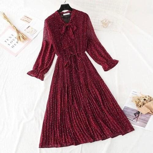 2020 Elegant Women Dress Vintage Bow Polka Dot Print Loose Midi Dress Female Casual Ruffles Pleated Chiffon Dresses Vestidos