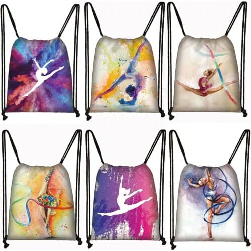 Watercolor Gymnastics Art Print Drawstring Bag Gymnast Storage Bag Swan Lake Teenager Girls Travel Backpack Shoes Holder Gift
