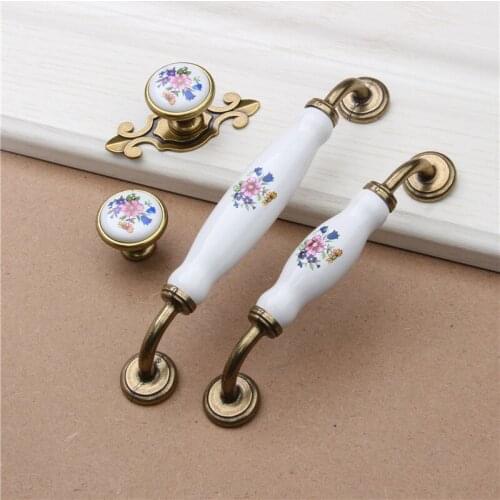 Antique Bronze Ceramic Cabinet Handles Zinc Alloy Cupboard Drawer Knobs European Flower Pattern Furniture Wardrobe Door Handle