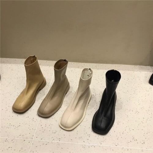 Candy Color Soft Leather Ankle Boots Women Fall Winter Plush Square Toe Elegant Vintage Chelsea Boots Lady Office Fashion Shoes