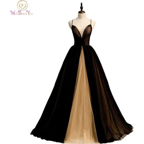 Evening Dresses Long for Women 2020 Black Gold Contrast Color Pleats Sweetheart Tulle Spaghetti Strap A Line Prom Gowns Formal