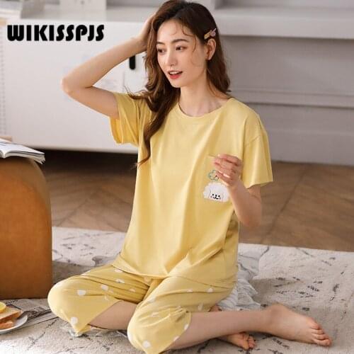 WIKISSPJS Lovely Girls Home Pajamas Breathable Thin Womens Short Sleeve Capris Two Piece Home Wear Sleep Tops Loungewear