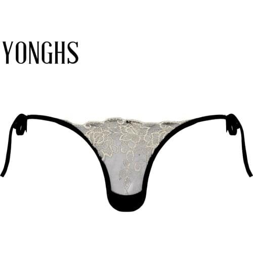 Sexy Gay Mens Homme Underwear T-back Erotic Sissy Panties See-through Mesh Thongs Low Waist Lace-up G-string Briefs Underpants