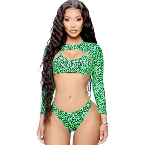 2020 New European and American Hot Style Swimsuit Women Bikini Three- Piece Sexy Leopard Dot Long Sleeve Green Low Waist Print