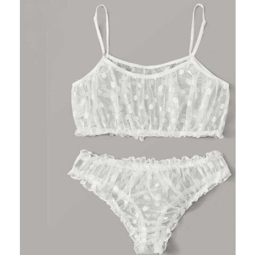 2 Pcs Ladys See-through Sexy Lingerie Set, Solid Color Polka Dot Sling Top, Perspective Mesh Underpants, Sex Toy