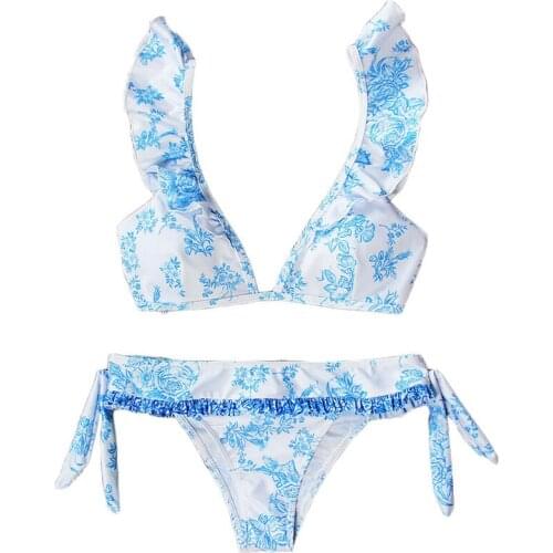 Summer sexy women floral print bikini set sleeveless bandage backless ruffles Swimsuit Biquini Swimwears Bathing Suits 2pcs