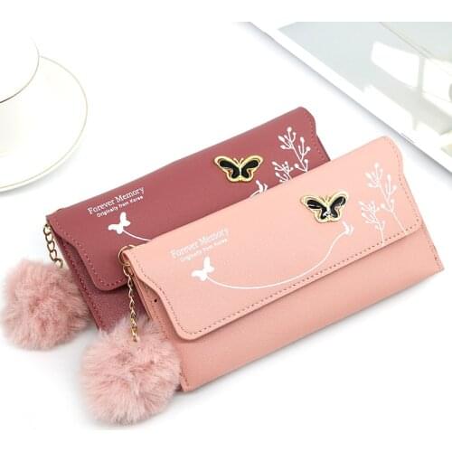 Fashionable New Women Long Wallets Pure Color Wool Ball Bow Clutch Bag Womens Long Bag Card Bag Coin Purse