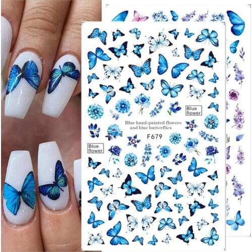 Holographics Blue Black Butterflies 3D Nails Art Stickers Flowers Maple Leaf Decals Summer Theme Nail Decoration Manicures