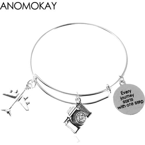 New Simple Airplane Camera Journey Pendant Silver Plated Charm Bracelet Original Handmade Cuff Bracelets Bangles Alloy Jewelry