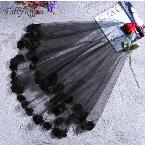 Vintage Short Black Wedding Veils 1.5M Long Handmade Flowers Two Layer Tulle Gothic Bridal Veils Wedding Accessories voile