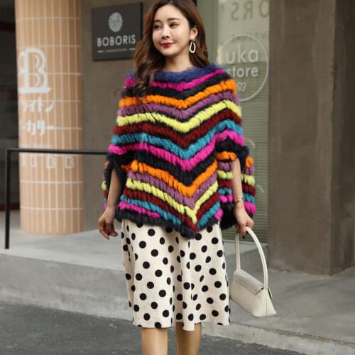 Genuine real natural women knitted rabbit fur shawl with raccoon fur collar girls fashional multi-color colorfull pullover