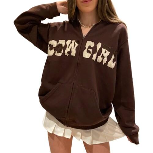 Womens Casual Zip Up Hoodies, Long Sleeve Letter Pattern Hooded Sweatshirts with Pockets 2021 New Fashion
