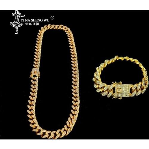 Heavy Miami Cuban Link Chain Bracelet Necklace Set Gold Silver Plated Choker Women Mens Hip Hop Full Rhinestones Punk Necklaces