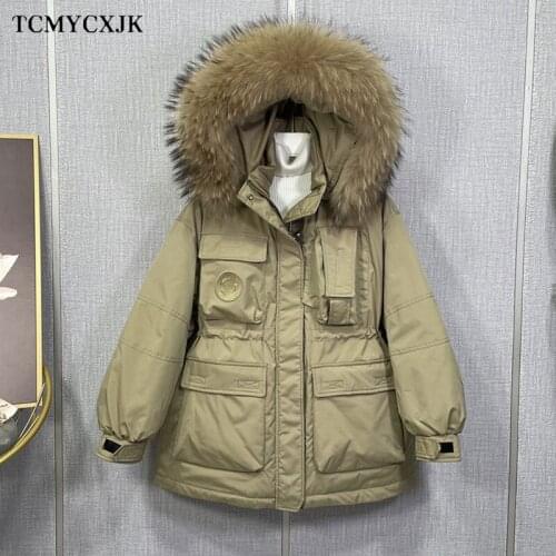 Korean Real Fur Collar Down Jacket Women 2021 New Tooling Waist White Duck Down Parkas Woman Small Warm Feather Jacket Woman