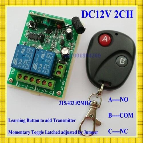 12V 2CH Radio wireless remote control switch system 1Receiver &1Transmitter 12V10ALearning code output way adjustable315/433MHZ