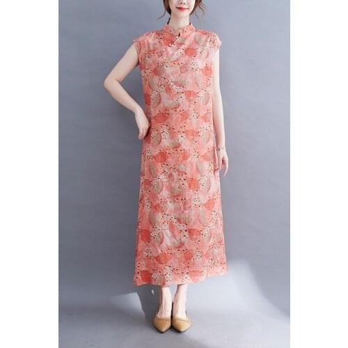2021 chinese retro cheongsam dress floral printing design stand-up collar dress cotton and linen oriental long qipao vestido