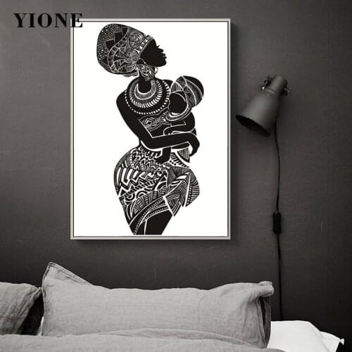 African Ethnic Woman Baby Prints Modern Black and White Art Canvas Painting Wall Picture for Room Bedroom Home Decoration Poster