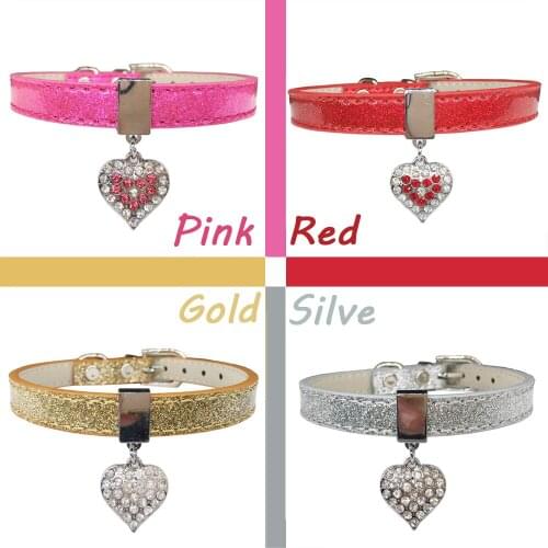 Bling Rhinestone Heart Charm Dog Collar for Cat Small Adjustable Pu Leather Pet Dog Puppy Cat Collar Necklace pet product 4color