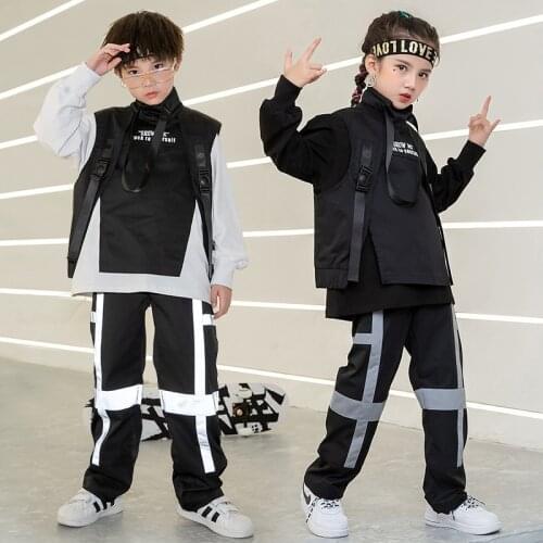 Kid Hip Hop Clothing Sweatshirt Top Black Jacket Vest Tactical Reflective Pants For Girls Boys Dance Costume Clothes Streetwear